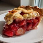 Close-up of a juicy slice of strawberry rhubarb pie showing bright red filling and flaky lattice crust on a white plate.