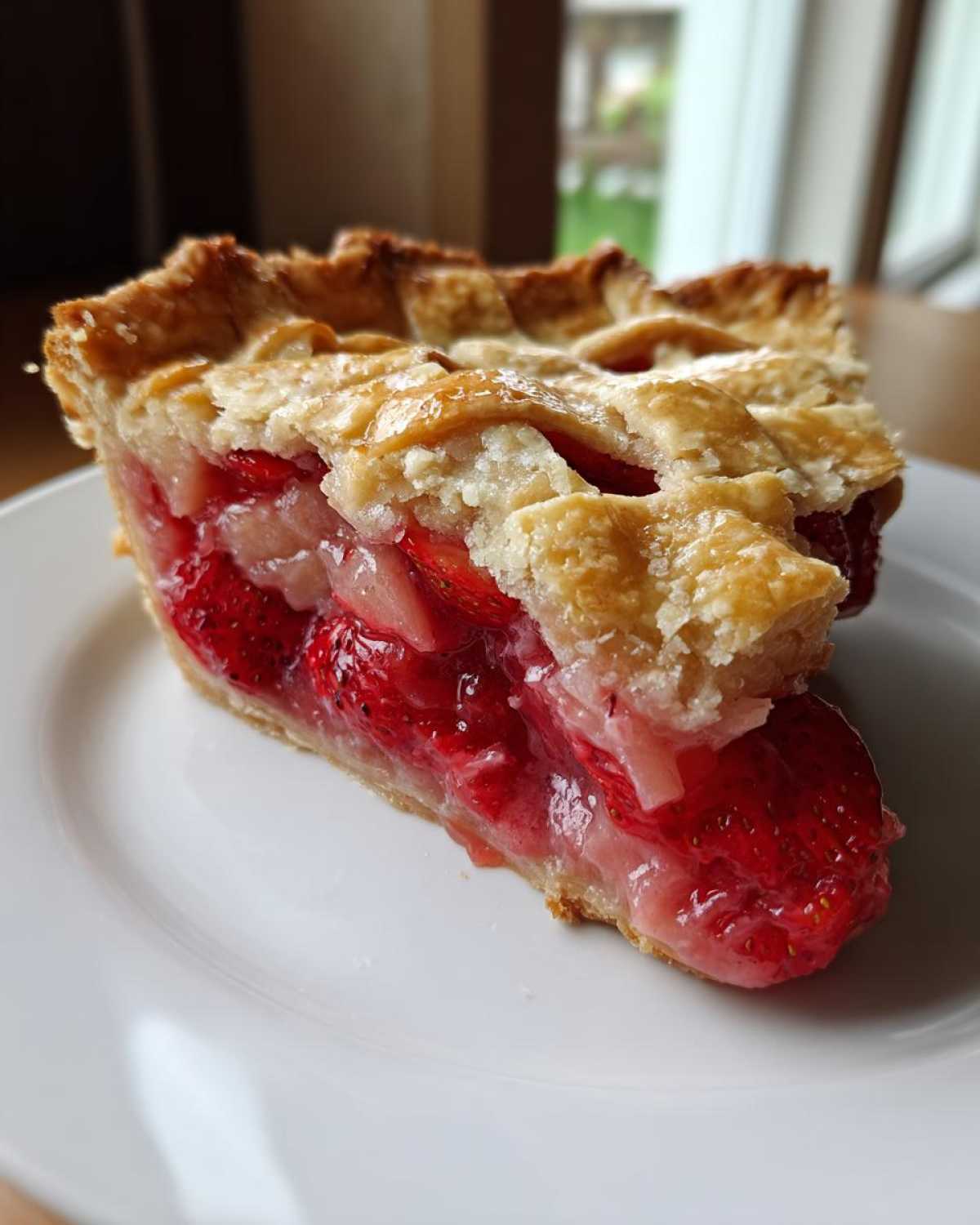 A close-up of a generous slice of strawberry rhubarb pie showing bright red filling and a golden lattice crust on a white plate.