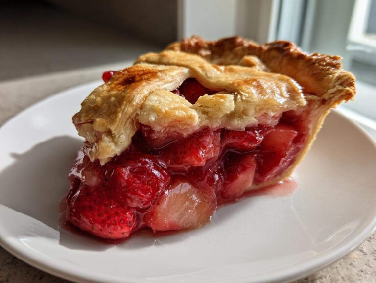 Close-up of a juicy slice of strawberry rhubarb pie showing bright red filling and flaky lattice crust on a white plate.