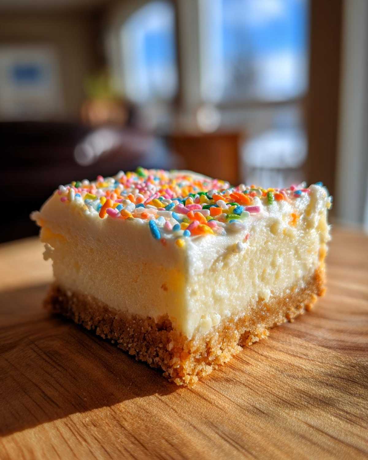 A single, square bar of sugar cookie cheesecake topped with white frosting and colorful sprinkles.