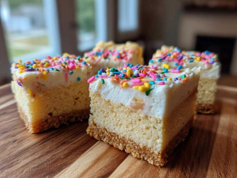 Four square slices of sugar cookie cheesecake bars topped with white frosting and colorful sprinkles, resting on a wooden board.