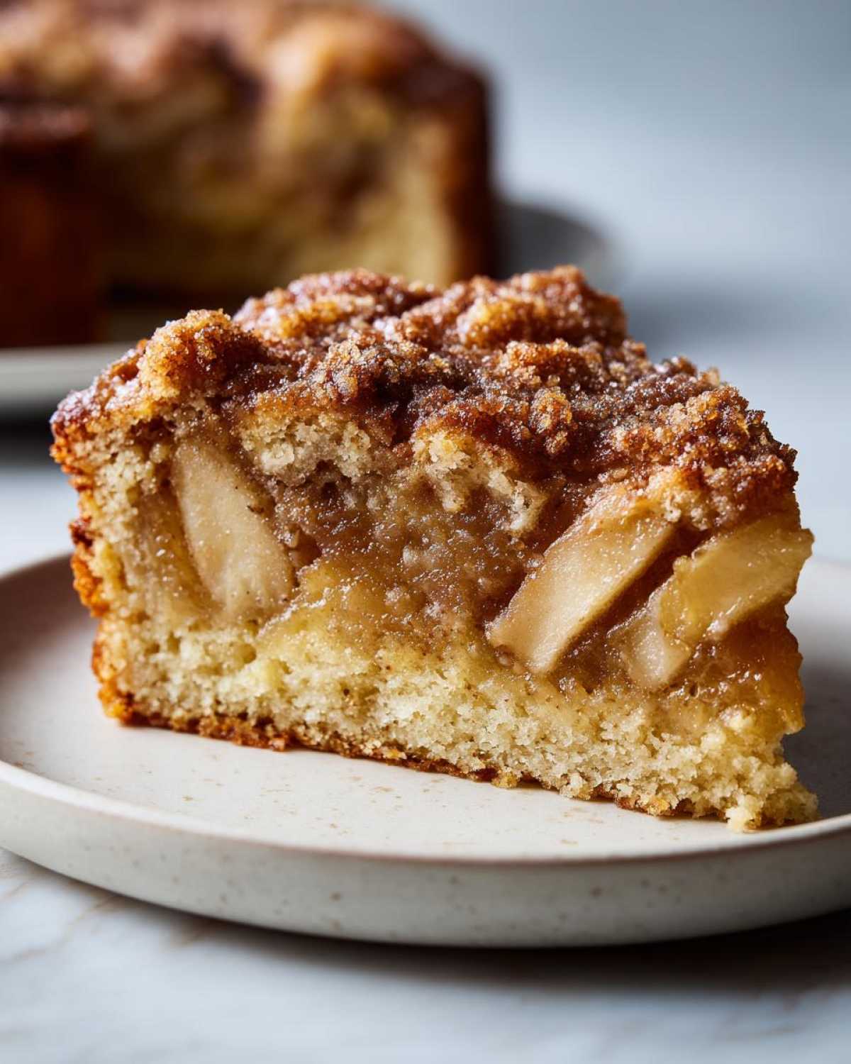 Close-up of a moist slice of swedish apple cake showing tender apple pieces and a sugary crumble topping.