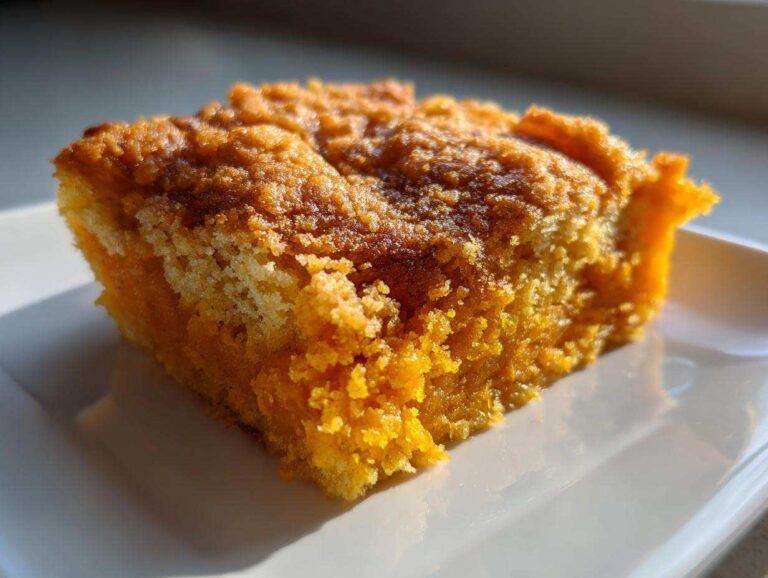 Close-up of a square slice of vibrant orange sweet potato cobbler with a crumbly, golden-brown topping.