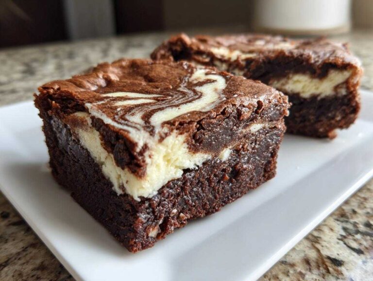 Two rich, fudgy squares of cream cheese brownies with a distinct white cream cheese swirl on top, served on a white plate.