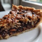 Close-up slice of rich Texas Trash Pie featuring a dark chocolate base, coconut, pecans, and a flaky crust.