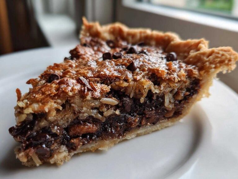 Close-up slice of rich Texas Trash Pie featuring a dark chocolate base, coconut, pecans, and a flaky crust.