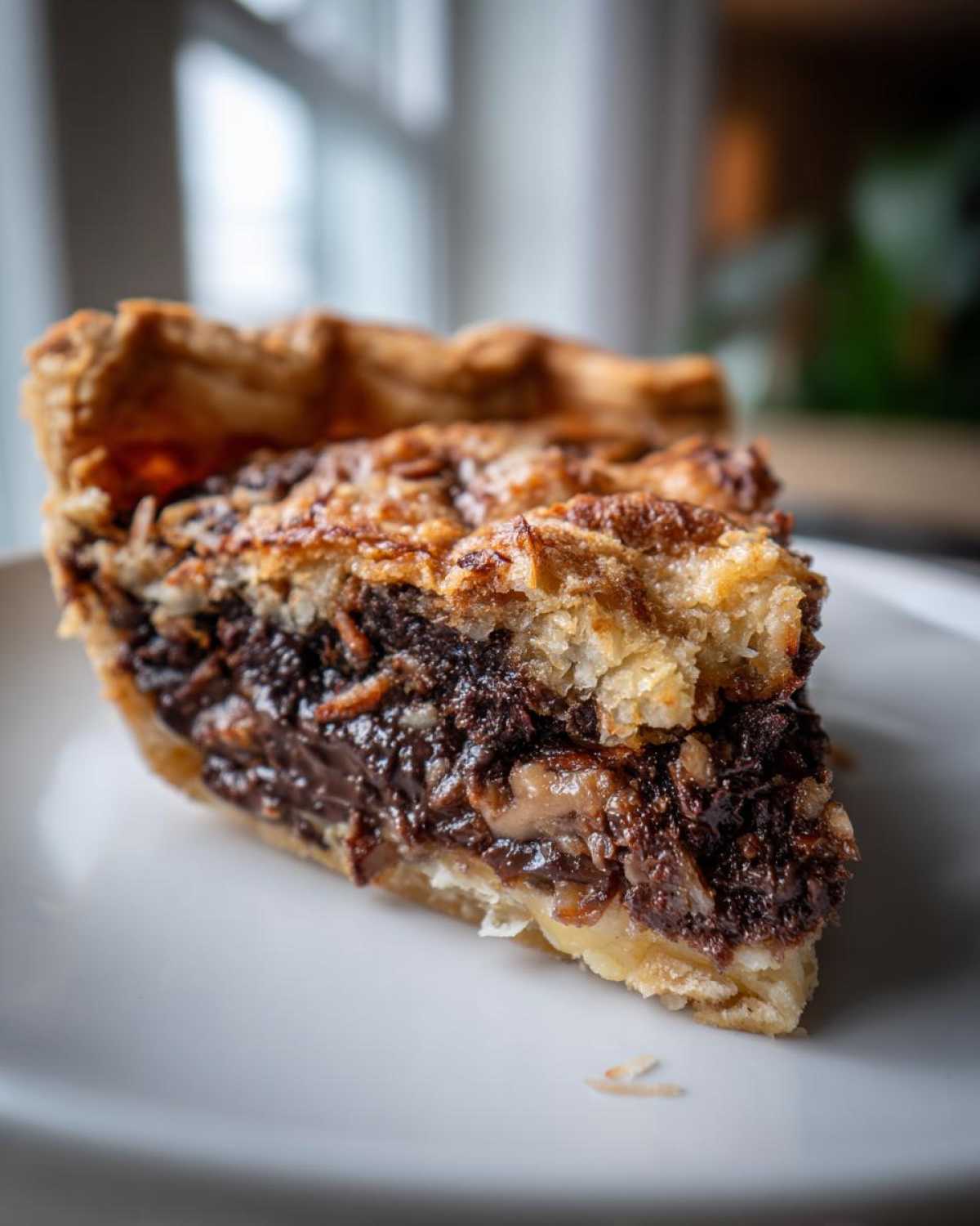 A close-up, vertical slice of rich, dark chocolate and coconut filling in a flaky crust, representing the amazing texas trash pie.