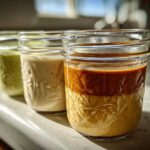 Three different homemade salad dressing recipes stored in small mason jars lined up on a counter.