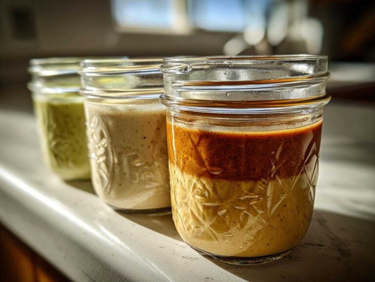 Three different homemade salad dressing recipes stored in small mason jars lined up on a counter.
