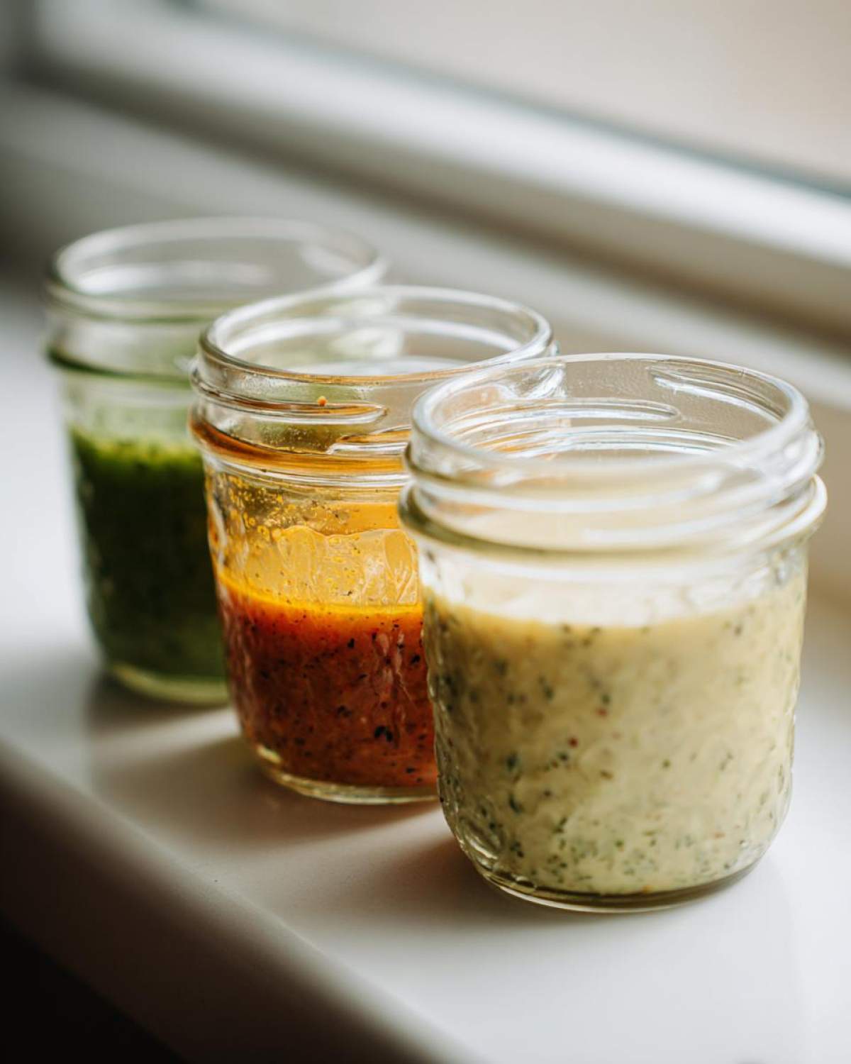 Three different colored homemade salad dressing recipes stored in small glass jars lined up on a windowsill.