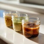 Three small glass jars containing different homemade salad dressing recipes, lined up in sunlight.
