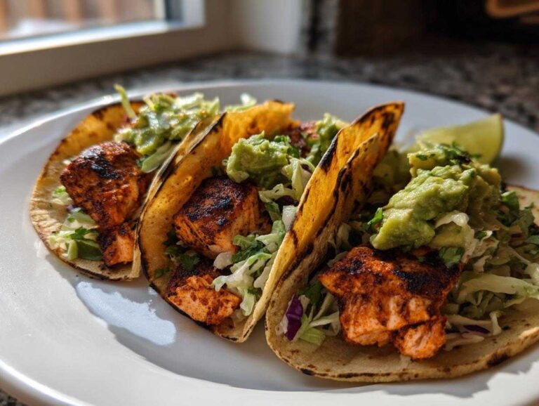 Three grilled salmon tacos filled with slaw and topped generously with chunky guacamole.