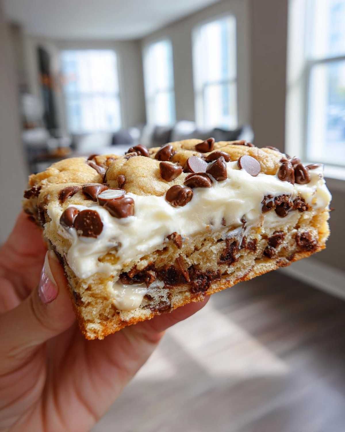 A hand holding a thick slice of ultimate cookie cake recipe topped with white frosting and chocolate chips.
