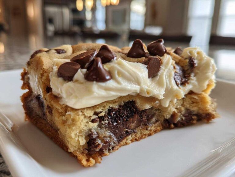 Close-up of a thick slice of cookie cake recipe topped with creamy frosting and chocolate chips.