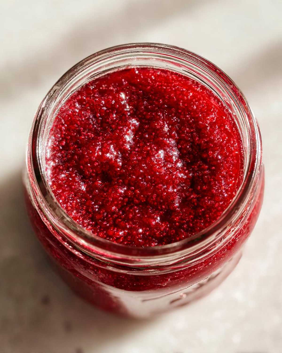 Close-up overhead view of bright red strawberry freezer jam texture inside a clear canning jar.