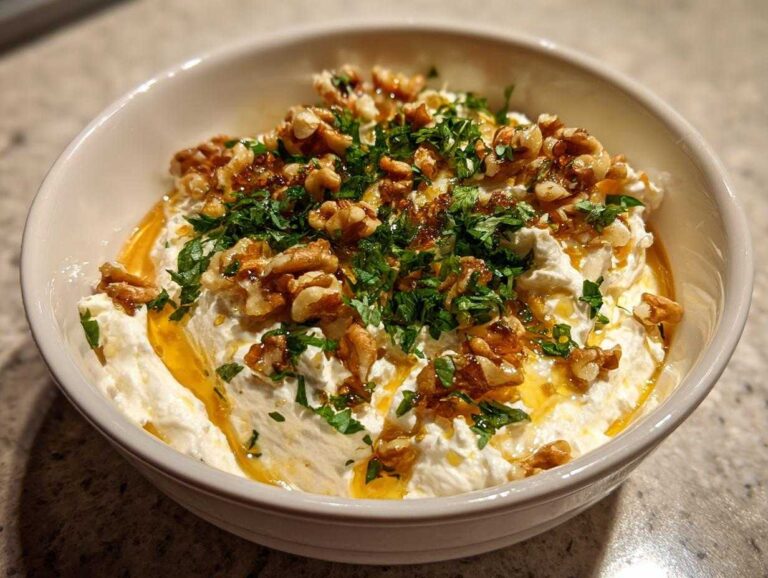 Close-up of creamy whipped ricotta dip topped with walnuts, fresh parsley, and a drizzle of golden honey.