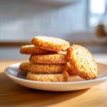 A stack of golden, textured 3-ingredient butter cookies resting on a small white plate.