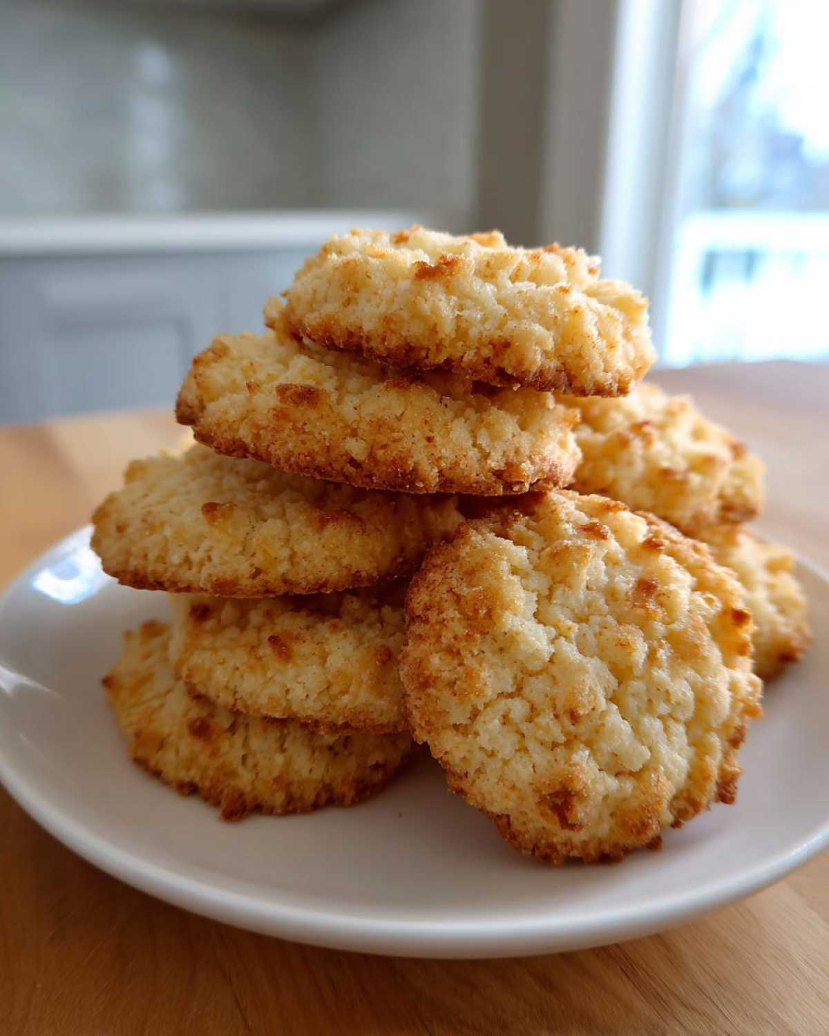 A stack of golden brown, textured 3-ingredient butter cookies piled high on a small white plate.