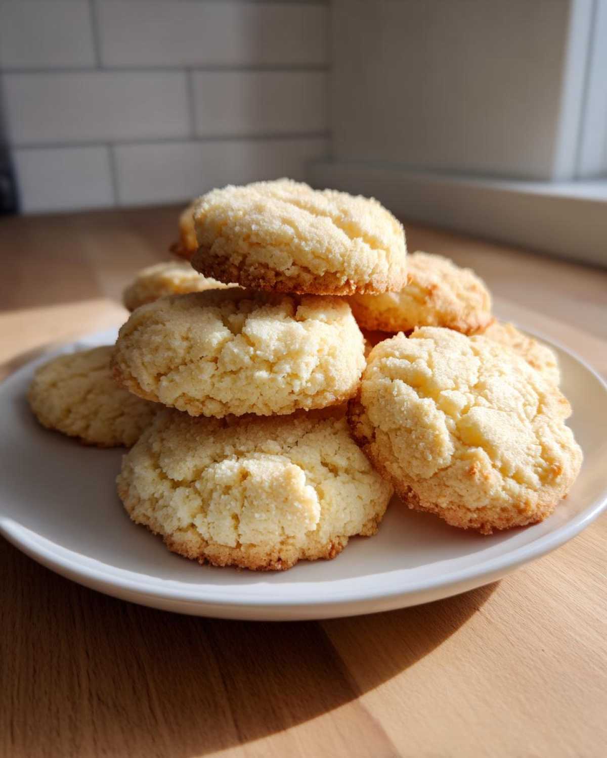A stack of golden, crumbly 3-ingredient butter cookies piled high on a white plate.