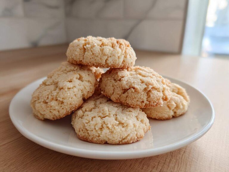 A stack of five freshly baked 3-ingredient butter cookies piled on a small white plate.
