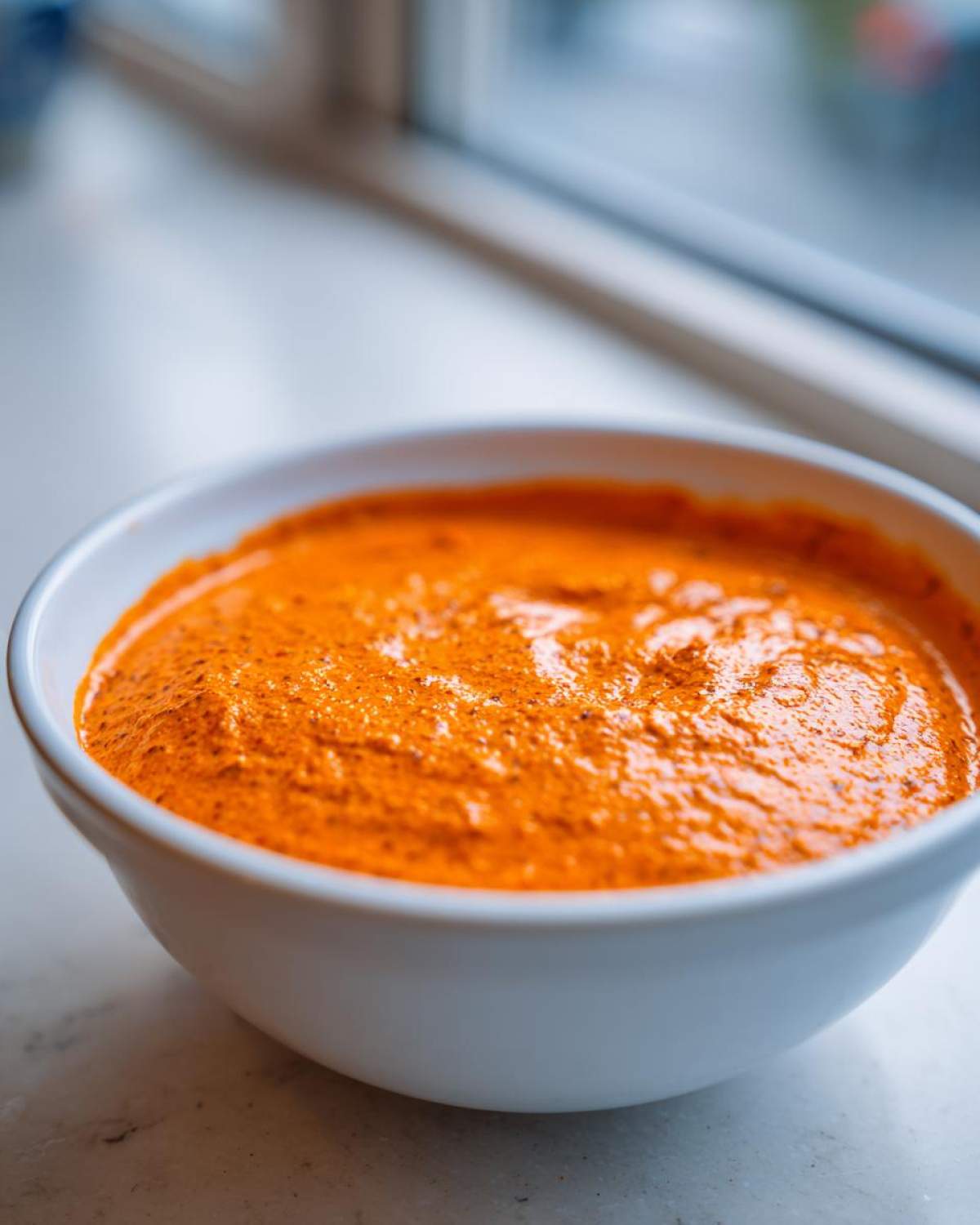 Close-up of a creamy, bright orange chili cheese dip served in a white bowl near a window.