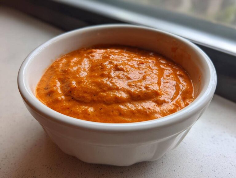 A close-up view of thick, vibrant orange chili cheese dip served in a small white ramekin.