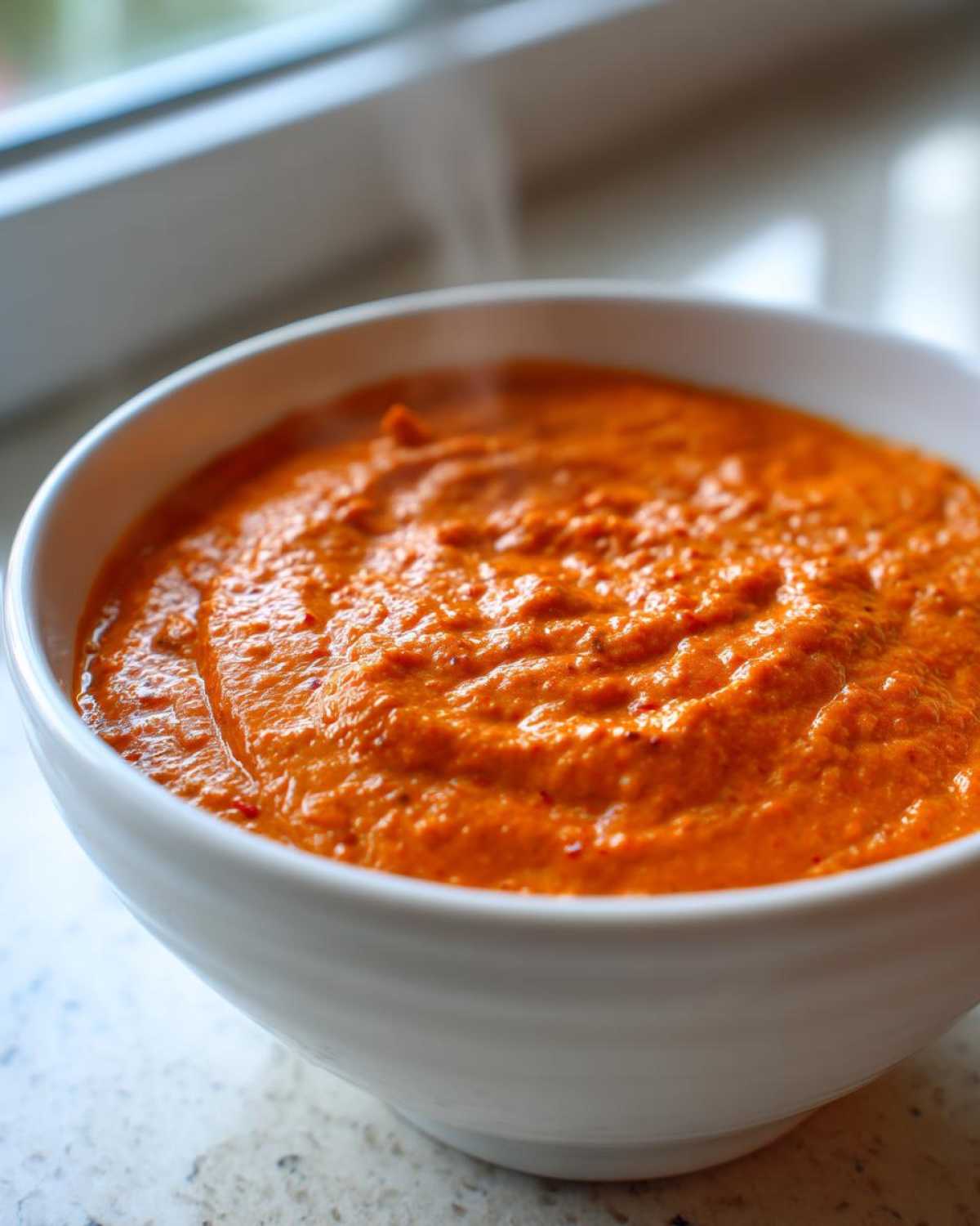 Close-up of steaming hot, vibrant orange chili cheese dip texture in a white serving bowl.