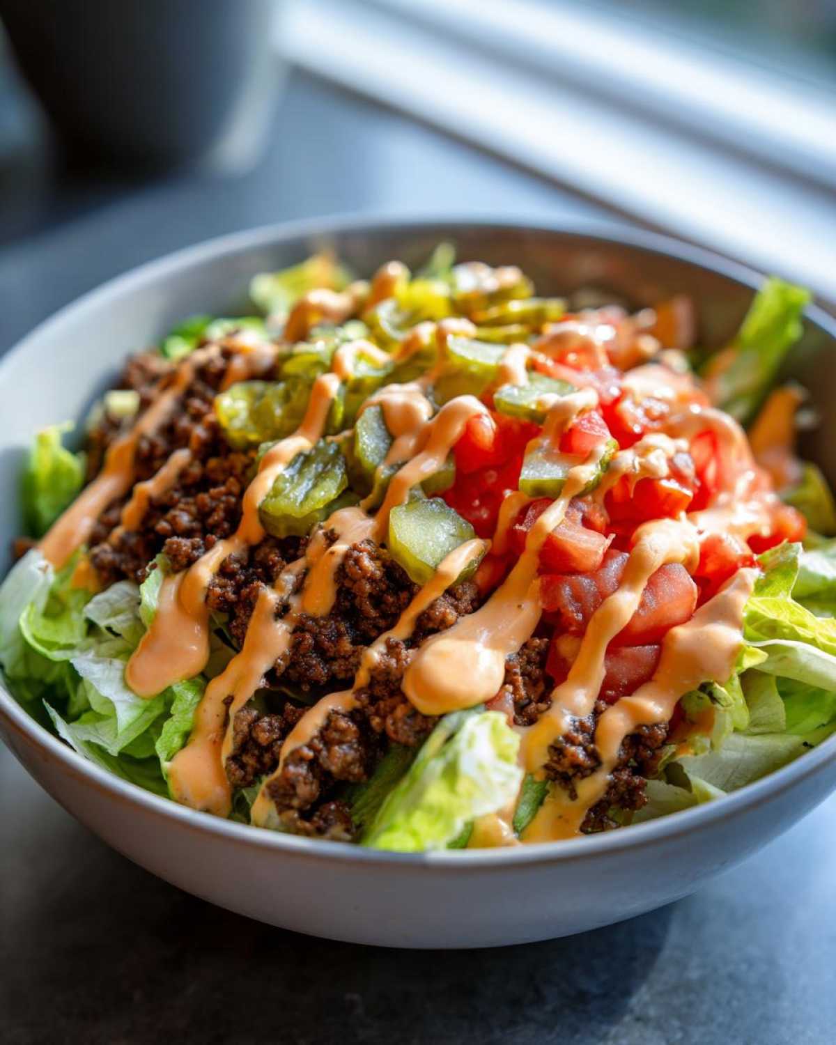 Close-up of a fresh cheeseburger bowl with seasoned ground beef, lettuce, tomatoes, pickles, and sauce drizzle.