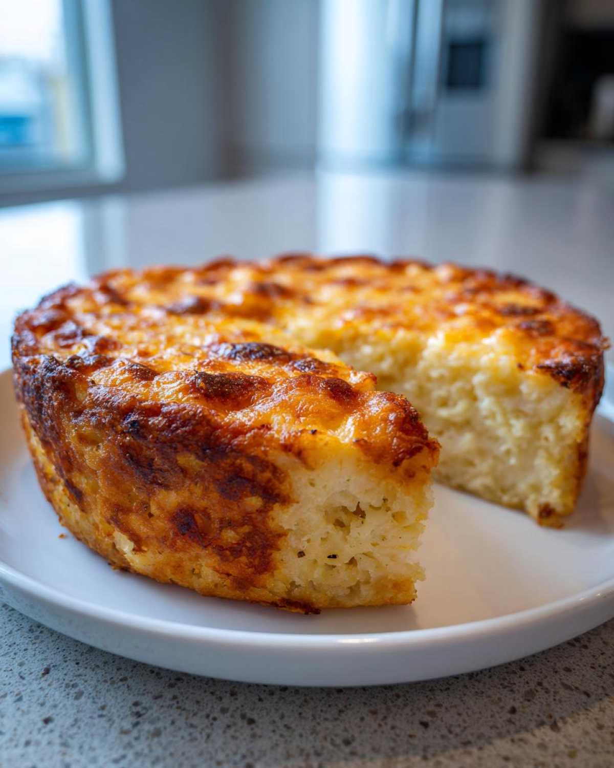 A thick, round keto pizza crust with a golden-brown, cheesy top, sliced open on a white plate.