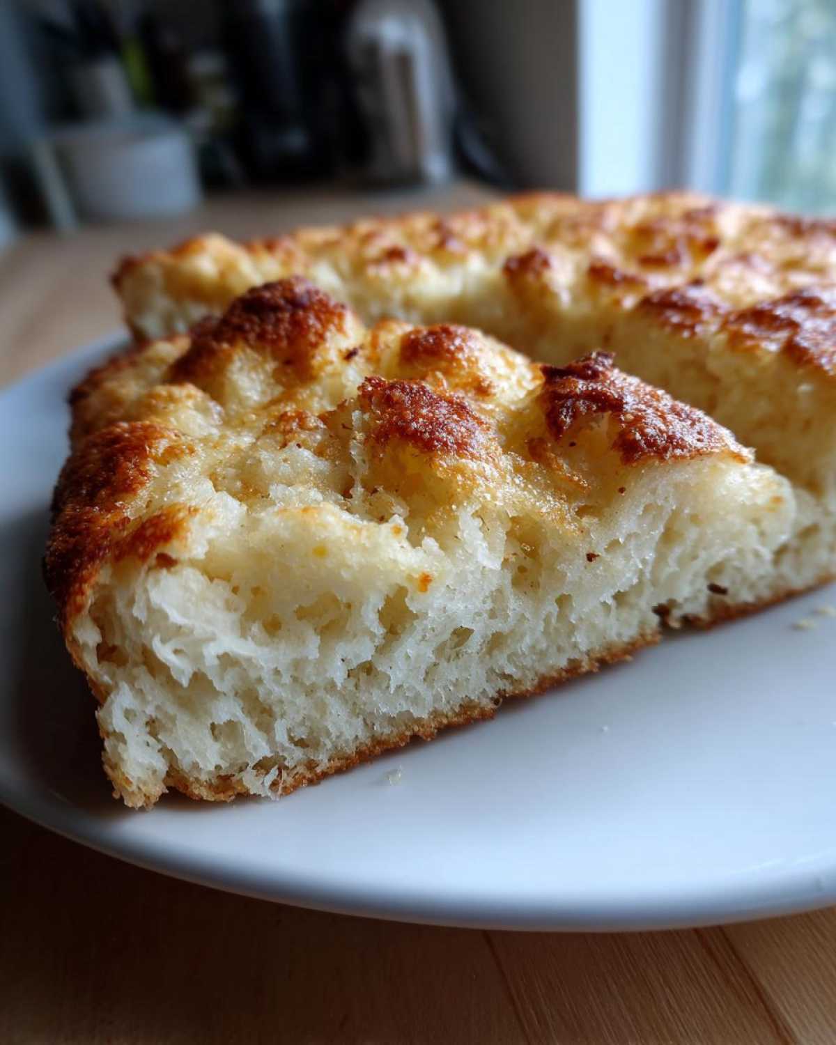 Close up of a thick slice showing the fluffy interior texture of the keto pizza crust with a golden brown, slightly bubbly top.
