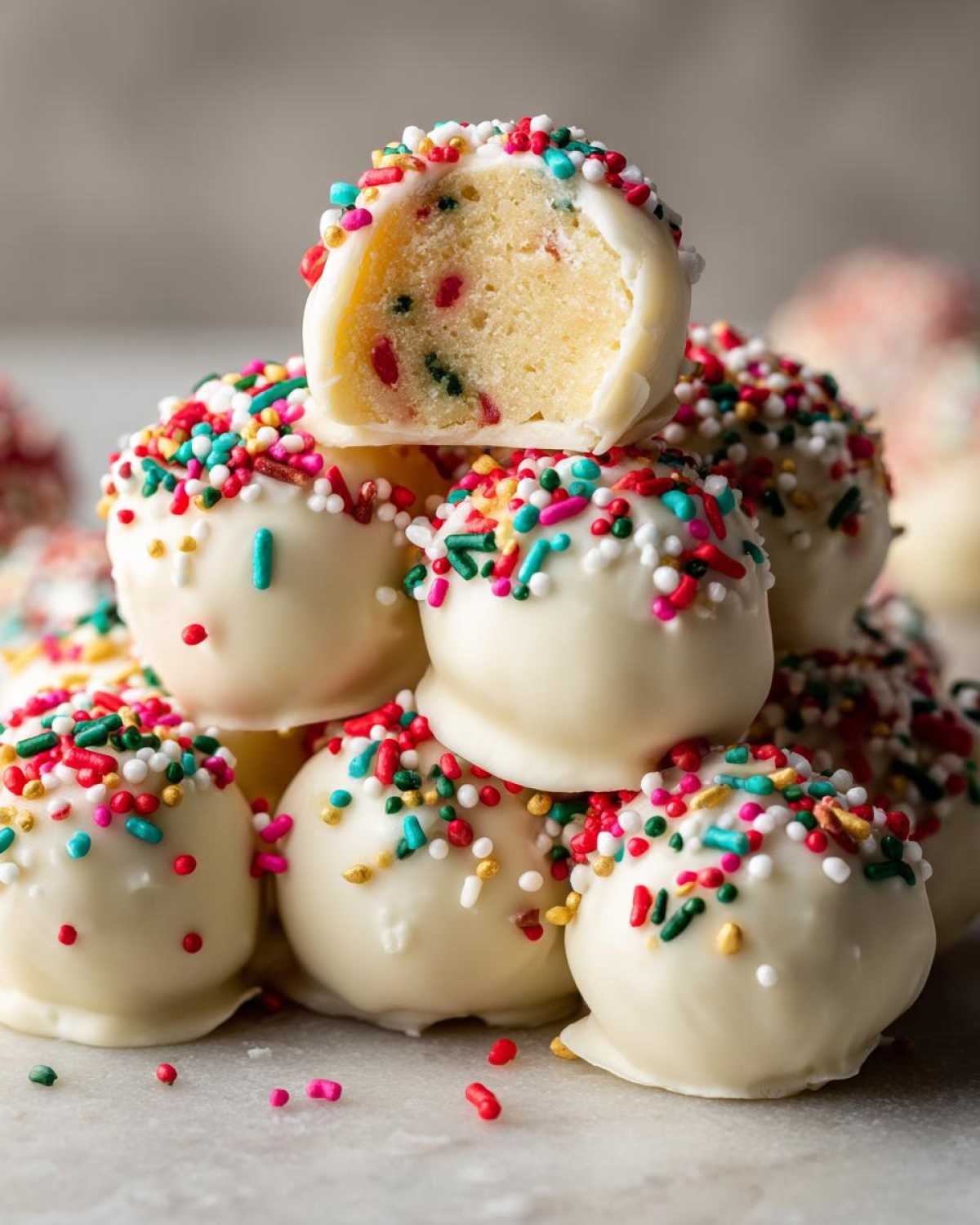 A stack of white chocolate coated sugar cookie truffles covered in colorful sprinkles, one cut open showing the interior.