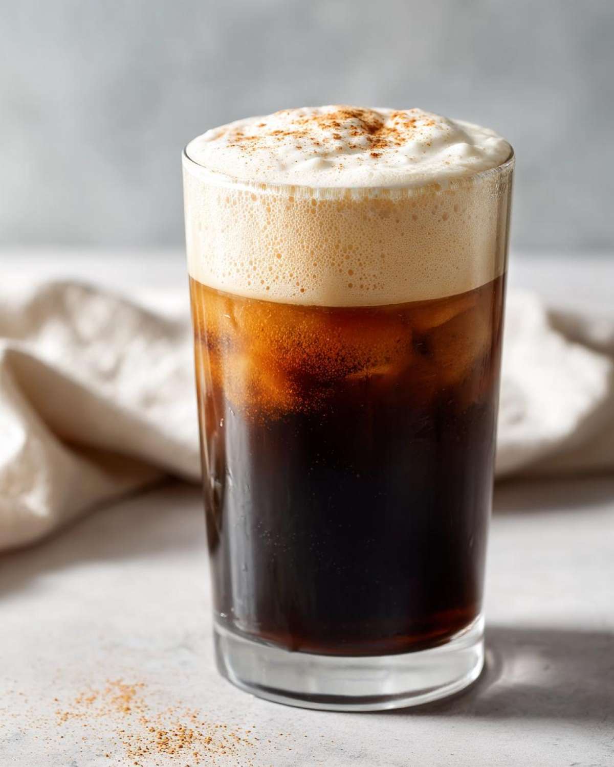 A tall glass filled with iced pumpkin cream cold brew coffee, topped with thick foam and cinnamon.
