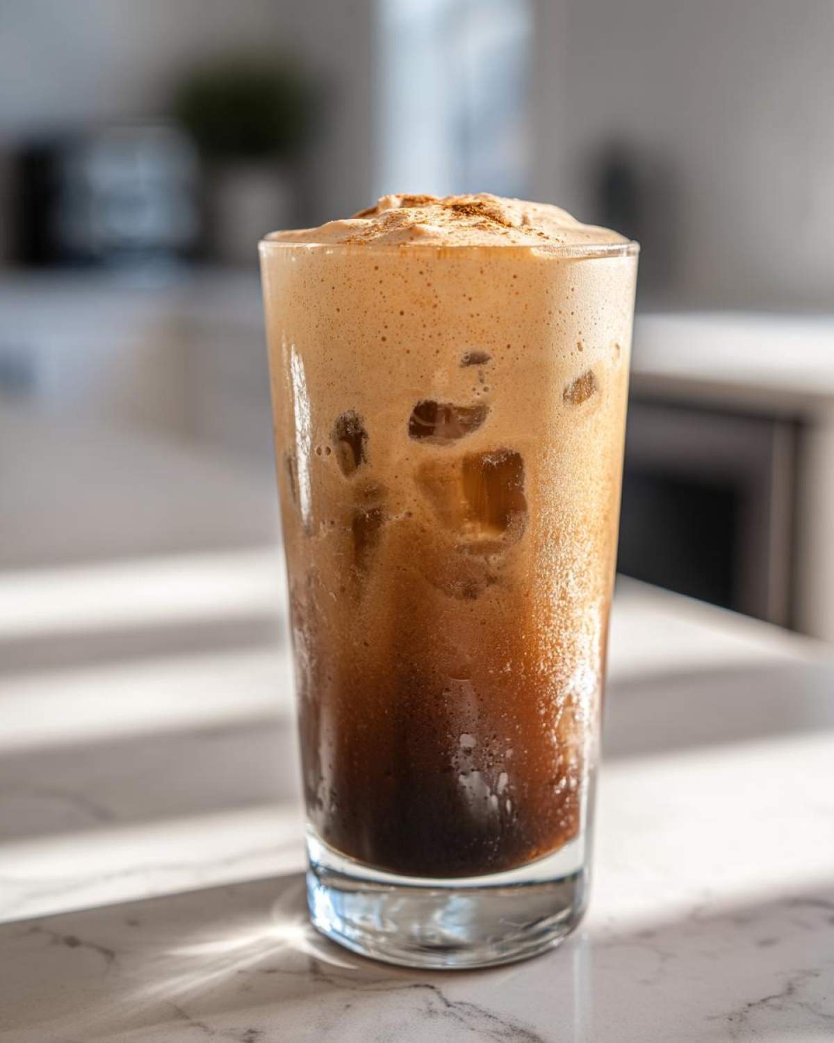 A tall glass of rich pumpkin cream cold brew topped with foam and cinnamon, sitting on a marble counter.