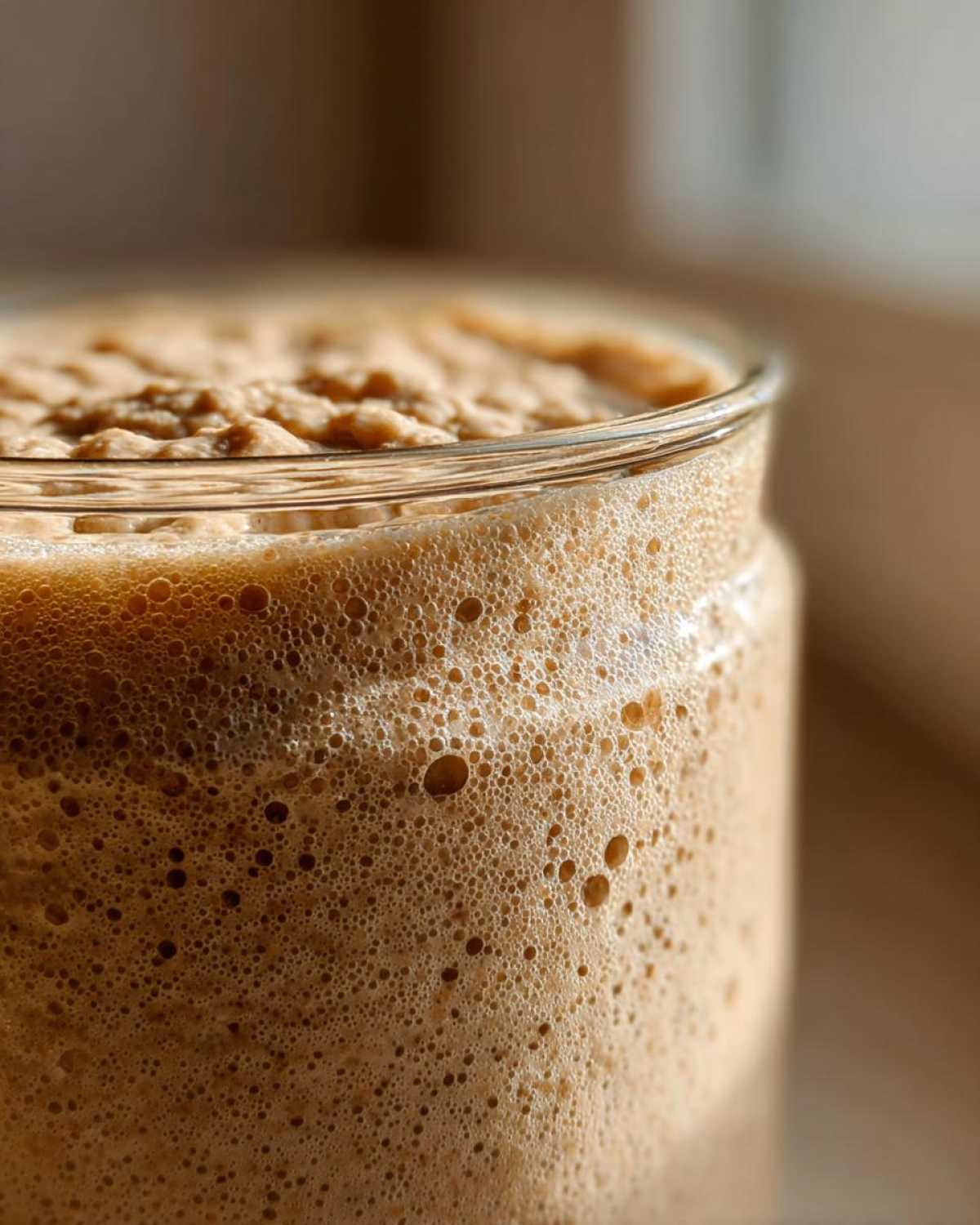 Close-up of a very active sourdough starter in a jar, showing significant bubbling and foam indicating readiness.