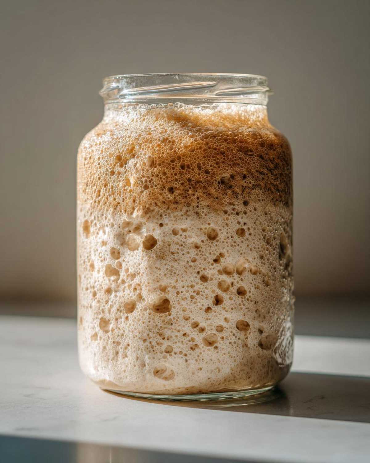 A highly active sourdough starter, bubbly and risen, filling a clear glass jar.