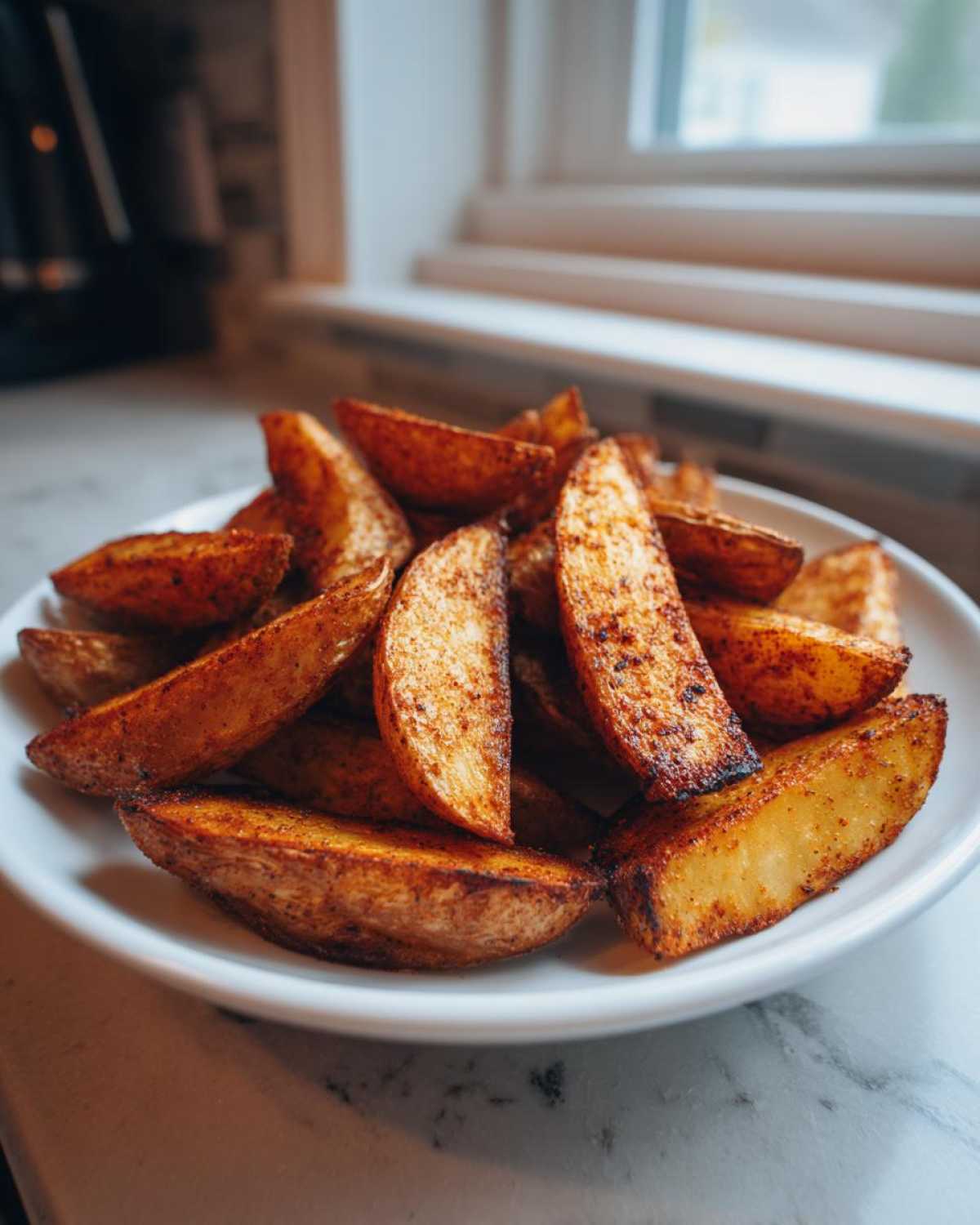A close-up of a white plate piled high with golden brown, seasoned air fryer potato wedges.