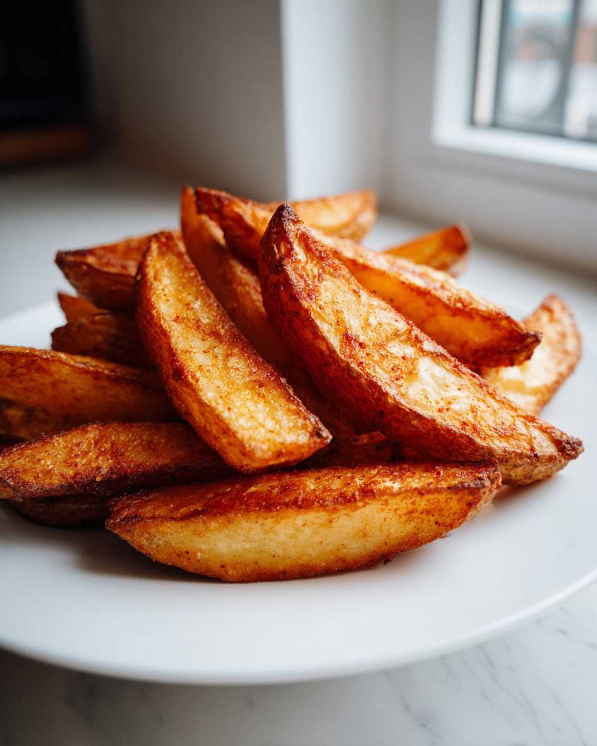 Close-up of golden brown, seasoned air fryer potato wedges piled high on a white plate.