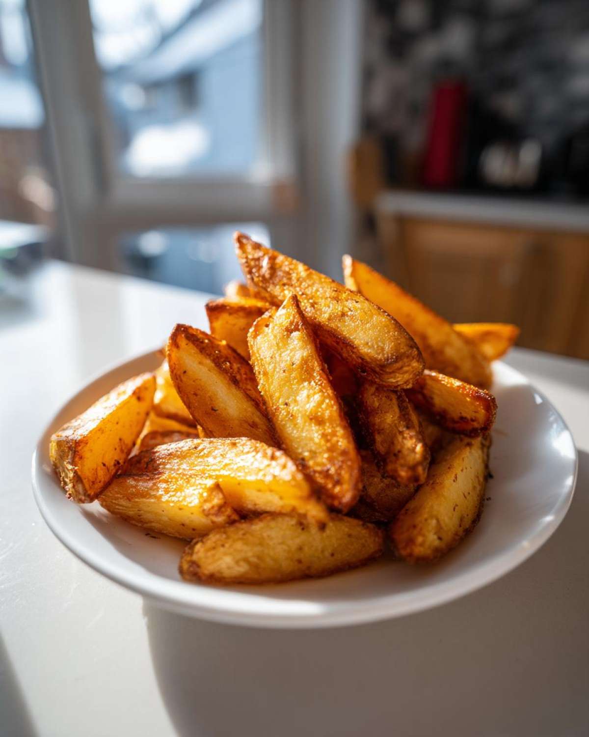 A close-up of golden brown, crispy air fryer potato wedges piled high on a white plate indoors.