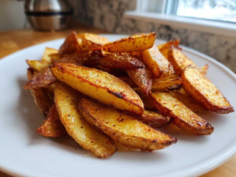 A close-up of a white plate piled high with golden, crispy seasoned air fryer potato wedges.