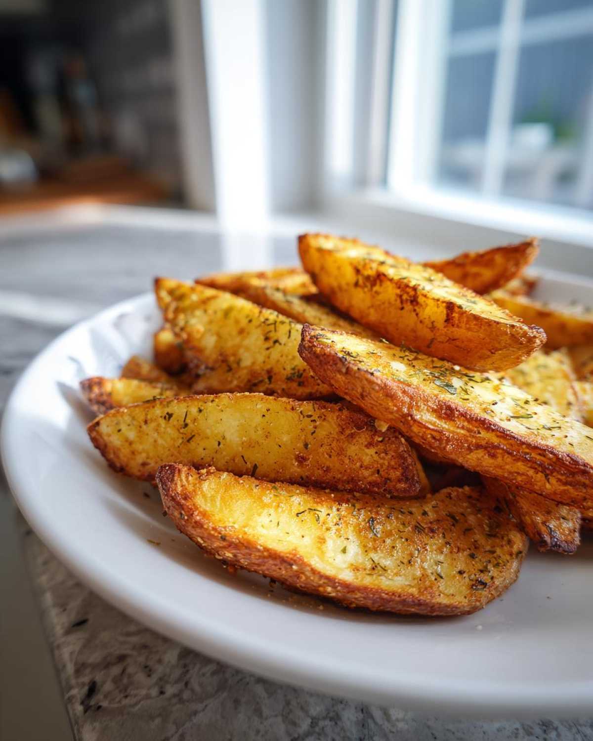 A close-up of golden brown, seasoned air fryer potato wedges piled high on a white plate near a window.