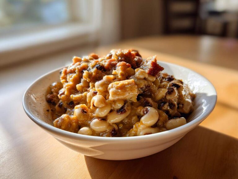 A close-up of a white bowl filled with creamy, savory black eyed peas and chunks of meat, bathed in sunlight.