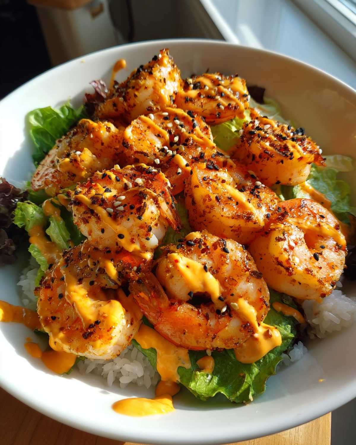 Close-up of a delicious shrimp bowl featuring seasoned shrimp over lettuce and rice, drizzled with orange sauce and sesame seeds.