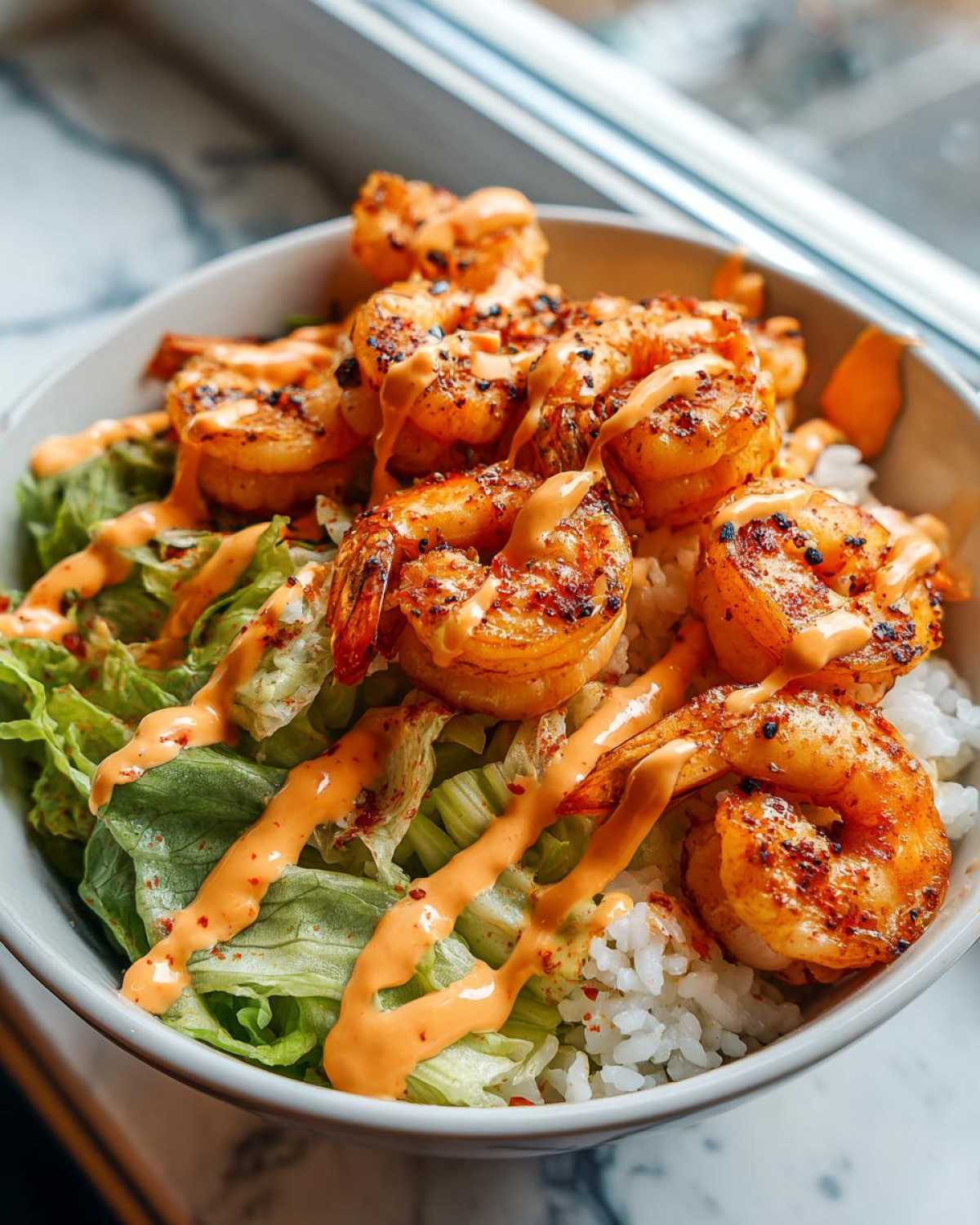 Close-up of a vibrant shrimp bowl featuring seasoned shrimp, crisp lettuce, white rice, and a drizzle of spicy orange sauce.