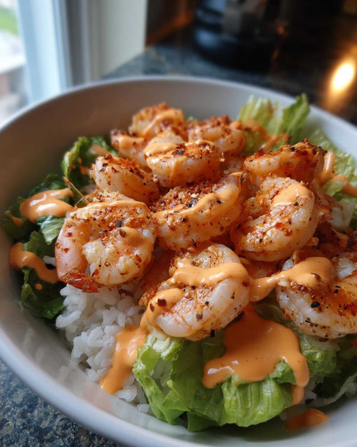 A close-up of a delicious shrimp bowl featuring seasoned shrimp over rice and lettuce, drizzled with a creamy orange sauce.