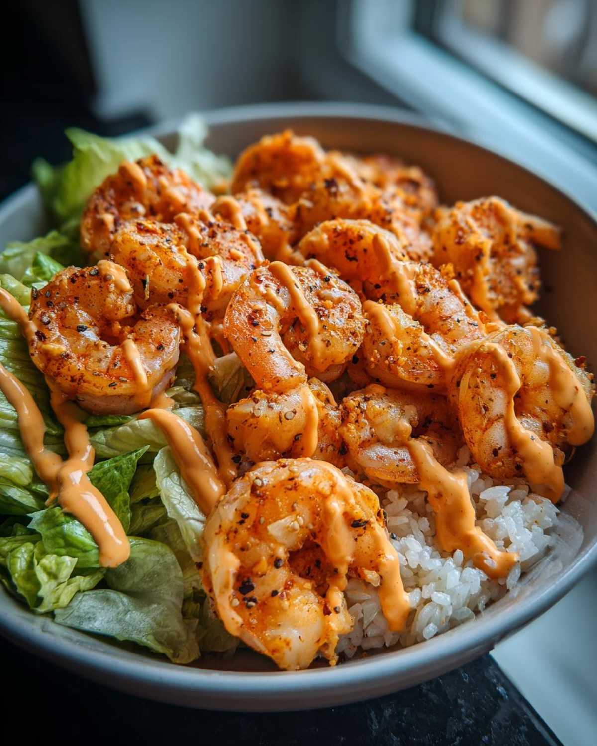 Close-up of a delicious shrimp bowl featuring seasoned shrimp over rice and lettuce, drizzled with spicy sauce.