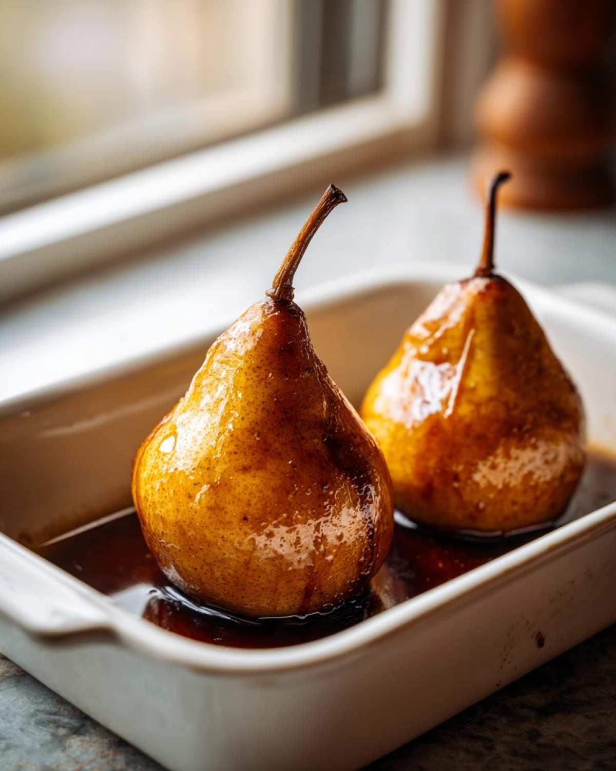 Two beautifully caramelized baked pears sitting in dark syrup in a white baking dish.