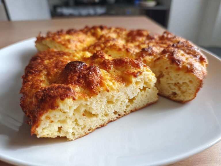 Close-up of a thick, fluffy keto pizza crust slice showing its airy interior and golden-brown, cheesy top.