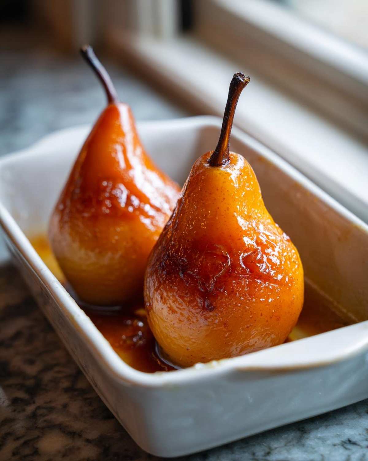 Two beautifully caramelized baked pears sitting in a white baking dish with sweet syrup.
