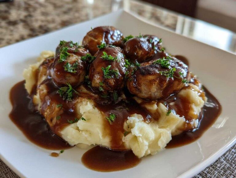 A close-up of delicious bangers and mash, featuring sausages covered in brown onion gravy over creamy mashed potatoes.