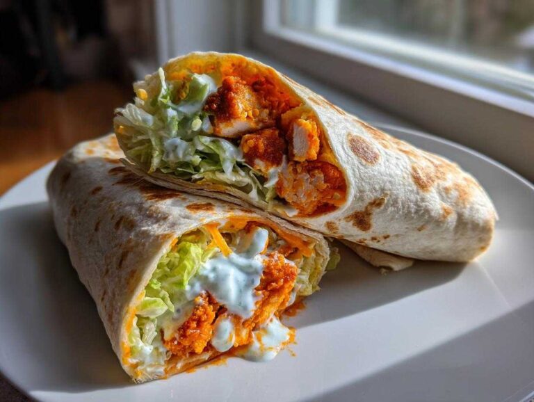 Two halves of a delicious buffalo chicken wrap filled with crispy chicken, lettuce, and ranch dressing.